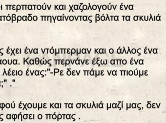 2 φίλοι περπατούν και χαζολογούν ένα Σαββατόβραδο πηγαίνοντας βόλτα τα σκυλιά τους.