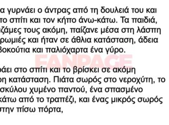 Μια μέρα γυρνάει ο άντρας από τη δουλειά του και βρίσκει το σπίτι και τον κήπο άνω-κάτω.